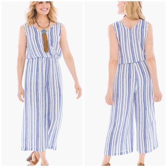 Chico’s Striped Gaucho jumpsuit size 8 Blue White Sleeveless - Picture 10 of 10